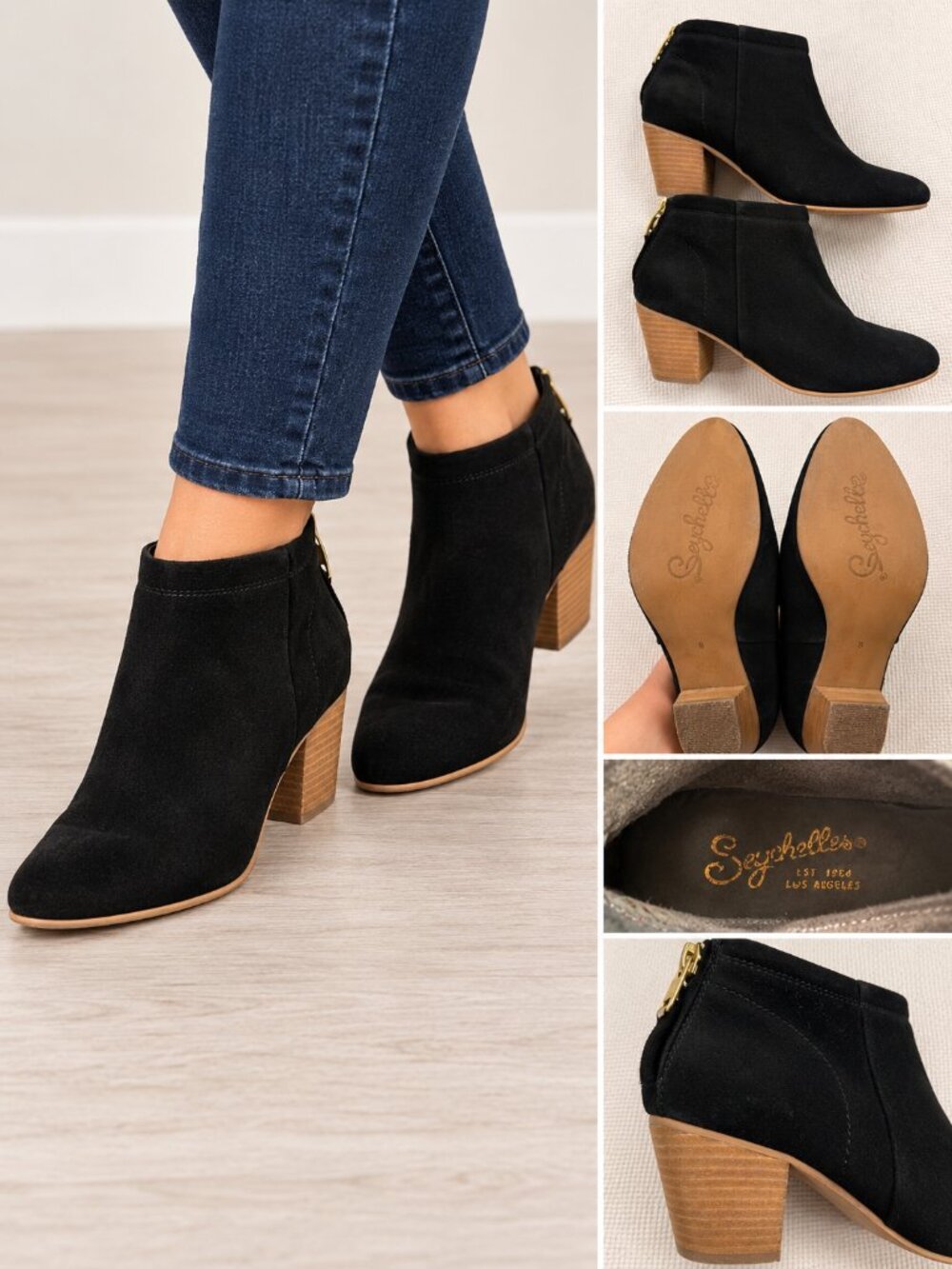 Seychelles Black Suede Ankle Booties Block Heel Zip Size 8